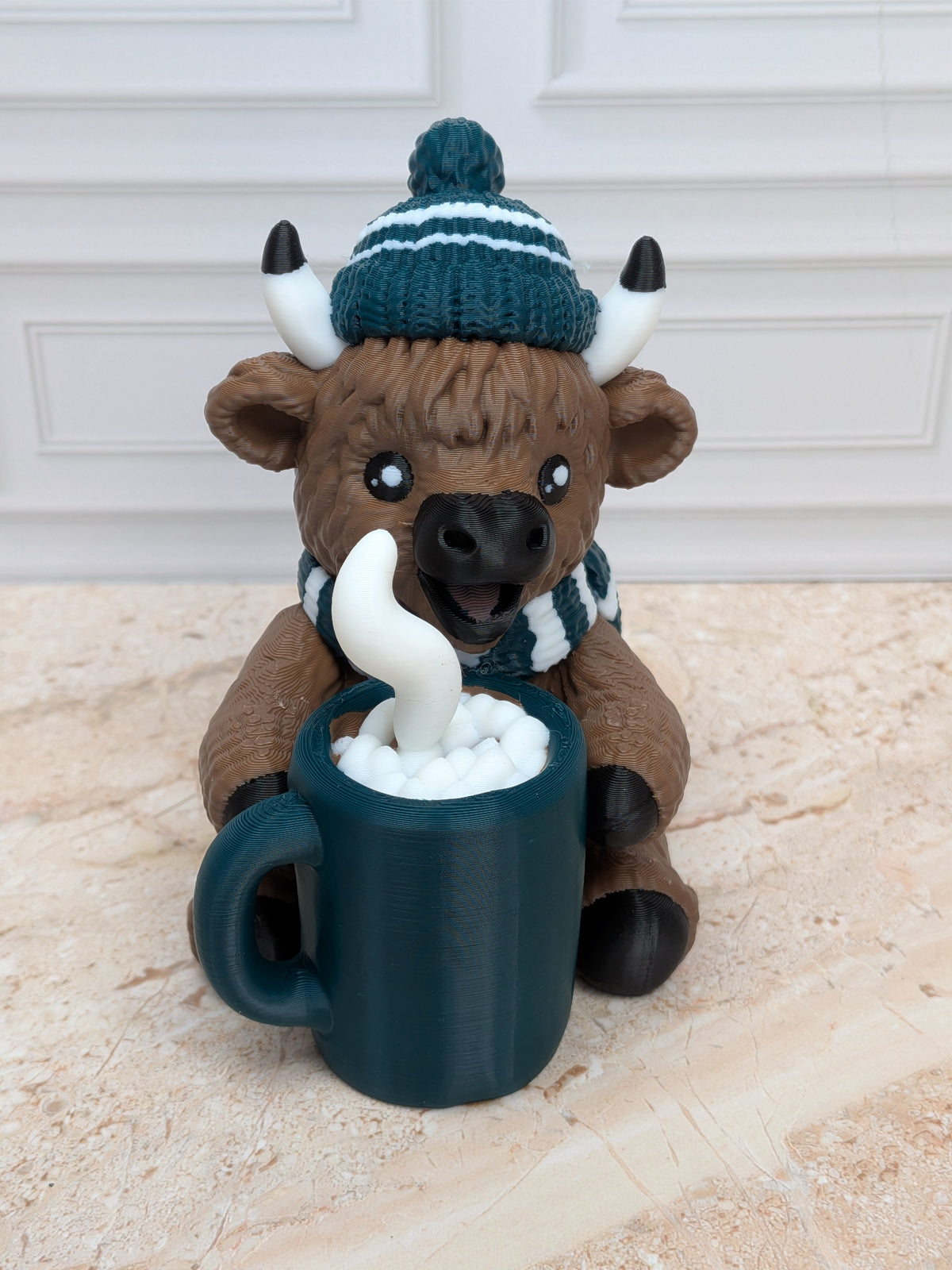 4" Hot Cocoa Highland Cow Figurine 3D Printed Winter Mug Christmas Tiered Tray Decor