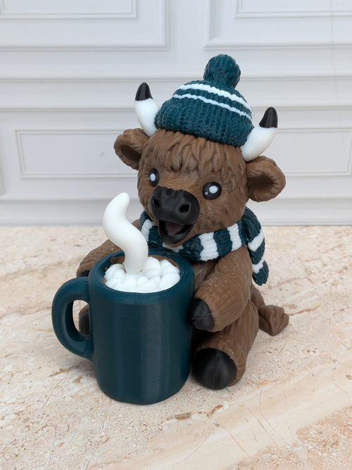 4" Hot Cocoa Highland Cow Figurine 3D Printed Winter Mug Christmas Tiered Tray Decor
