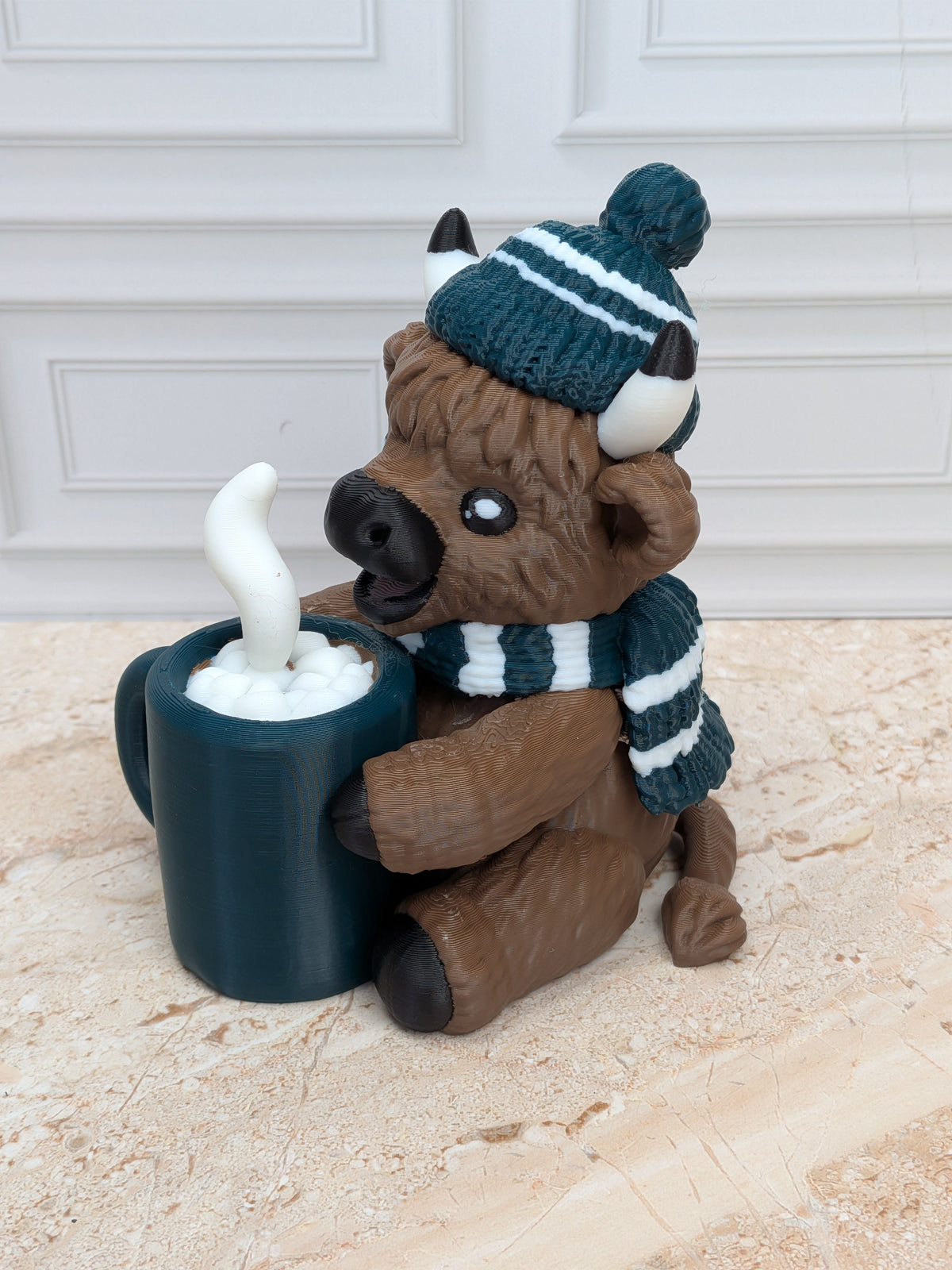 4" Hot Cocoa Highland Cow Figurine 3D Printed Winter Mug Christmas Tiered Tray Decor