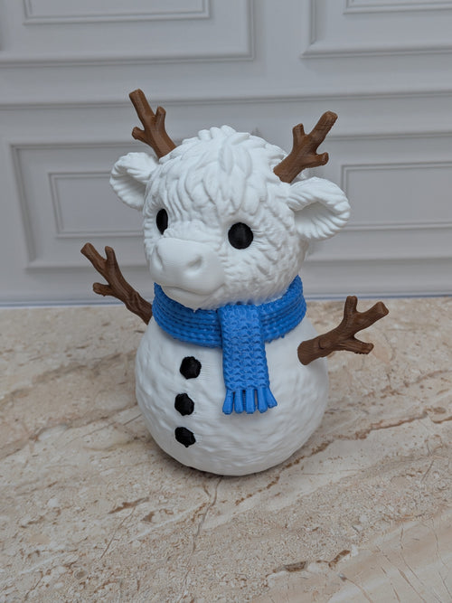 4" Snowcow Highland Cow Figurine 3D Printed Snowman Christmas Tiered Tray Decor