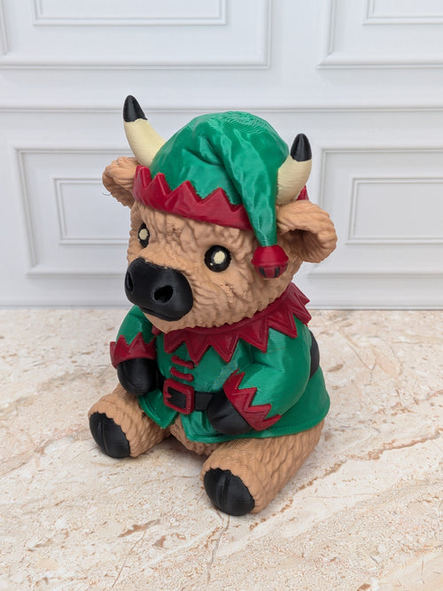 4" Elf Highland Cow Figurine 3D Printed Christmas Tiered Tray Decor