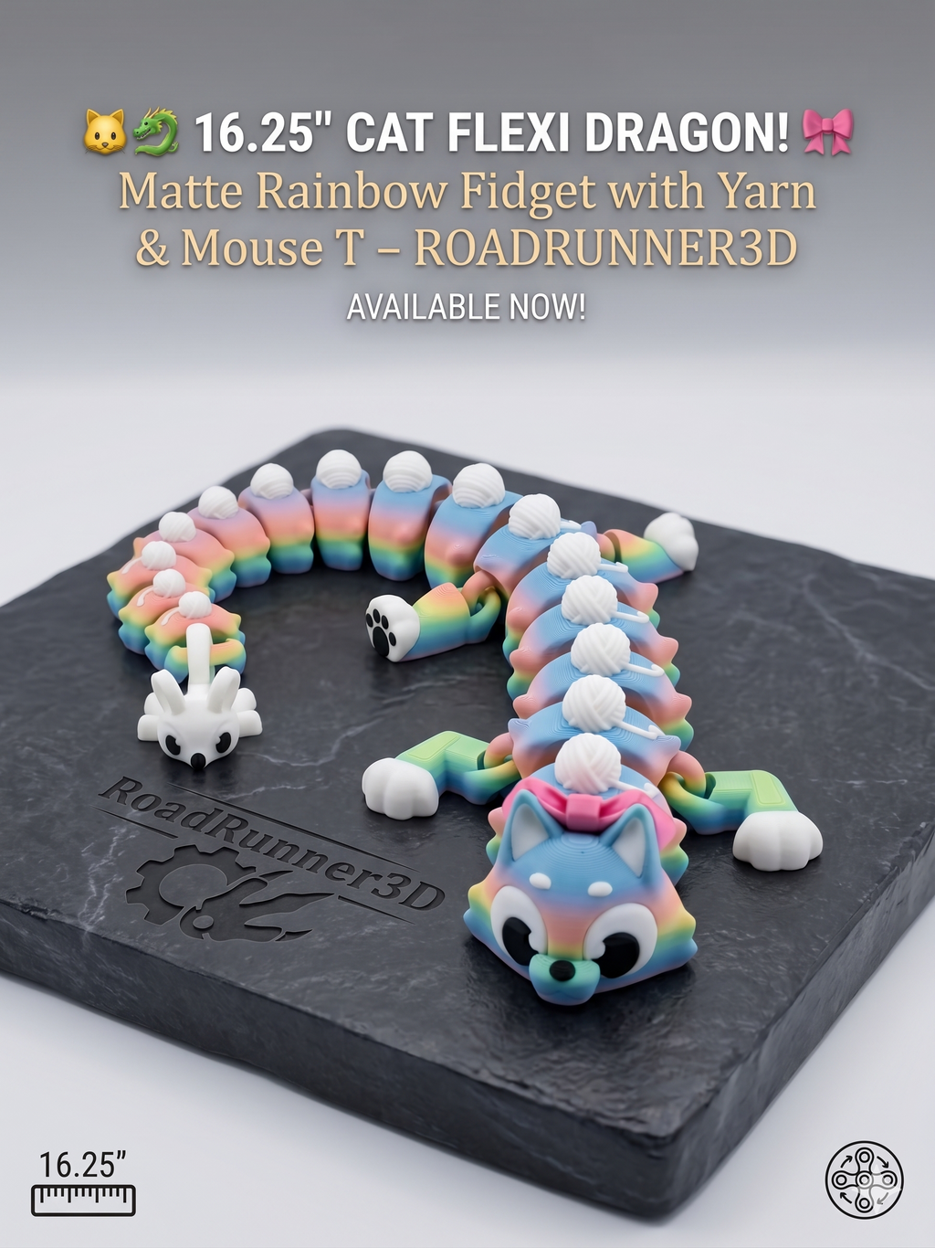 🐱🐉 16.25" Cat Flexi Dragon! 🎀 Matte Rainbow Fidget with Yarn & Mouse Tail ✨🧶