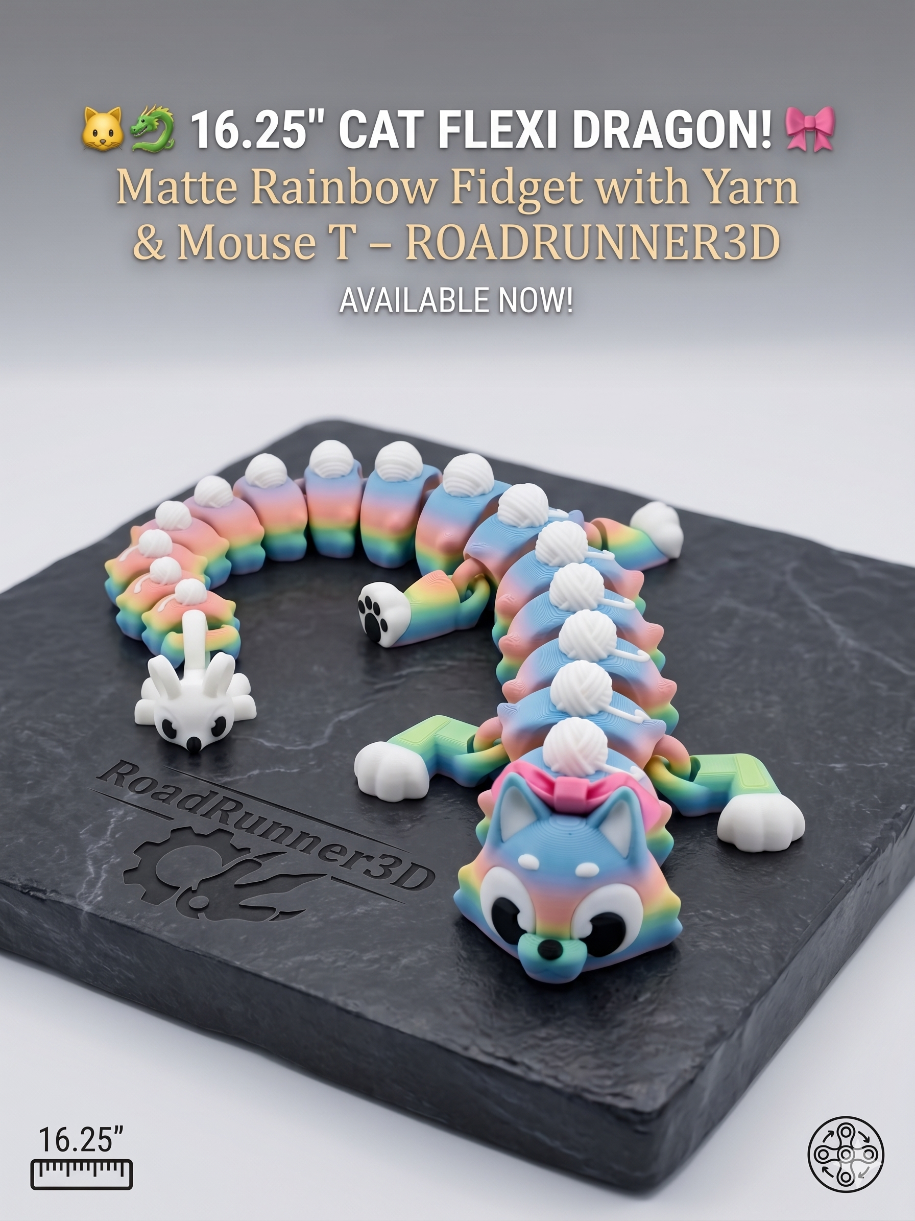 🐱🐉 16.25" Cat Flexi Dragon! 🎀 Matte Rainbow Fidget with Yarn & Mouse Tail ✨🧶